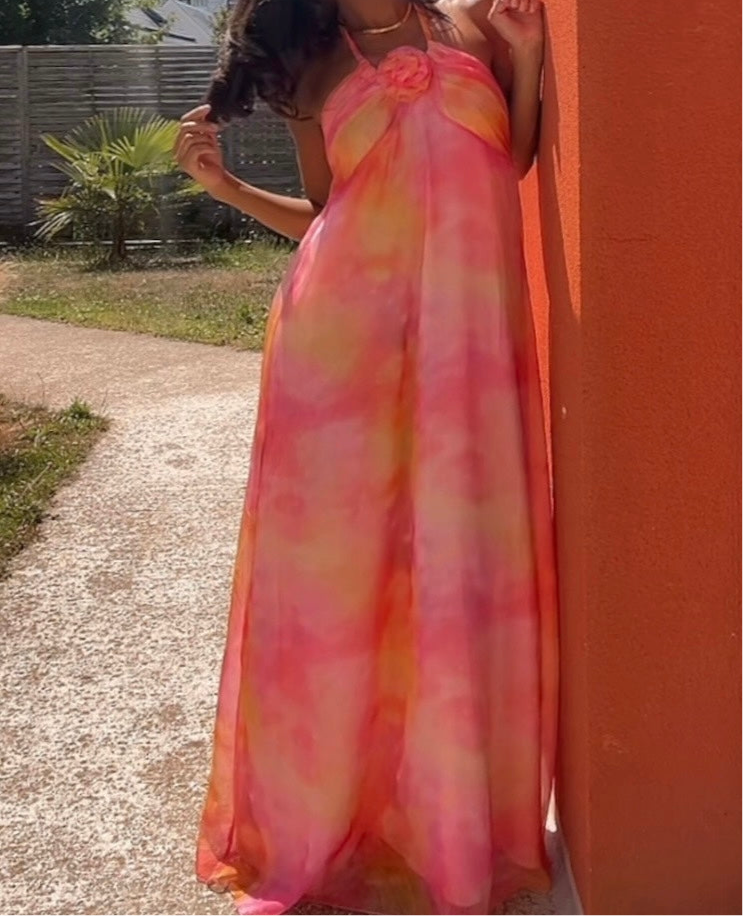 Robe longue fluide rose-orangée - Sunset Divine