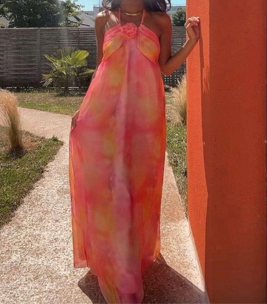 Robe longue fluide rose-orangée - Sunset Divine