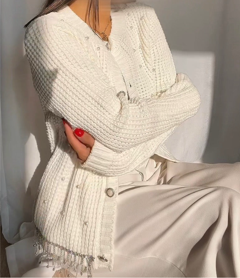 Gilet en maille Blanc à perles et strass