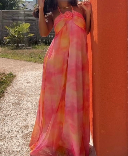 Robe longue fluide rose-orangée - Sunset Divine