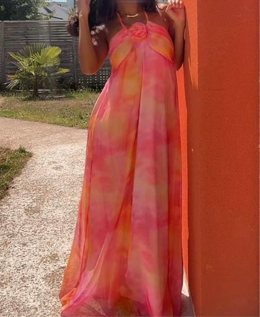 Robe longue fluide rose-orangée - Sunset Divine