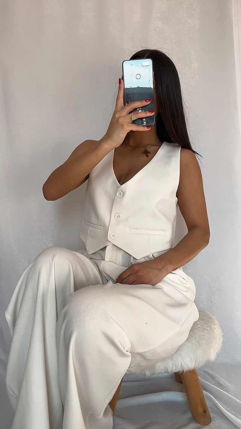 Gilet Tailleur Écru Femme Élégant