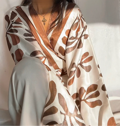 Blouse Cache-cœur satiné motifs marrons